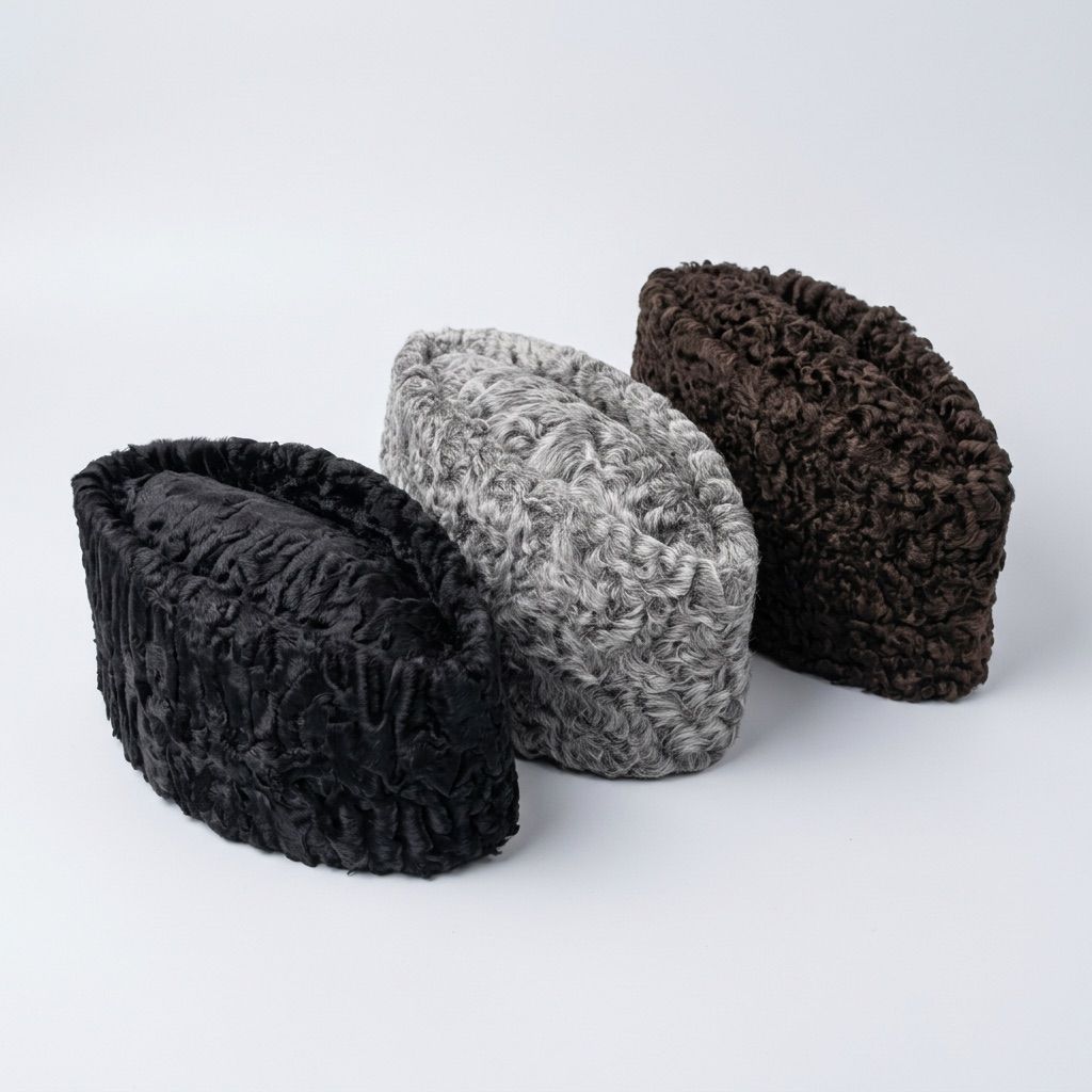 Karakul caps in black, grey and brown curled wool