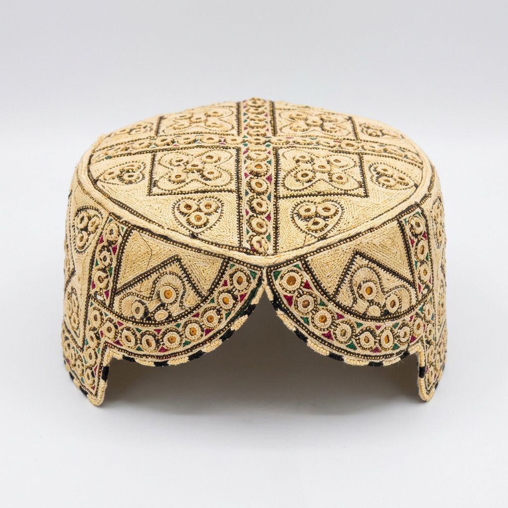 Cream Sindhi topi with dense gold thread embroidery