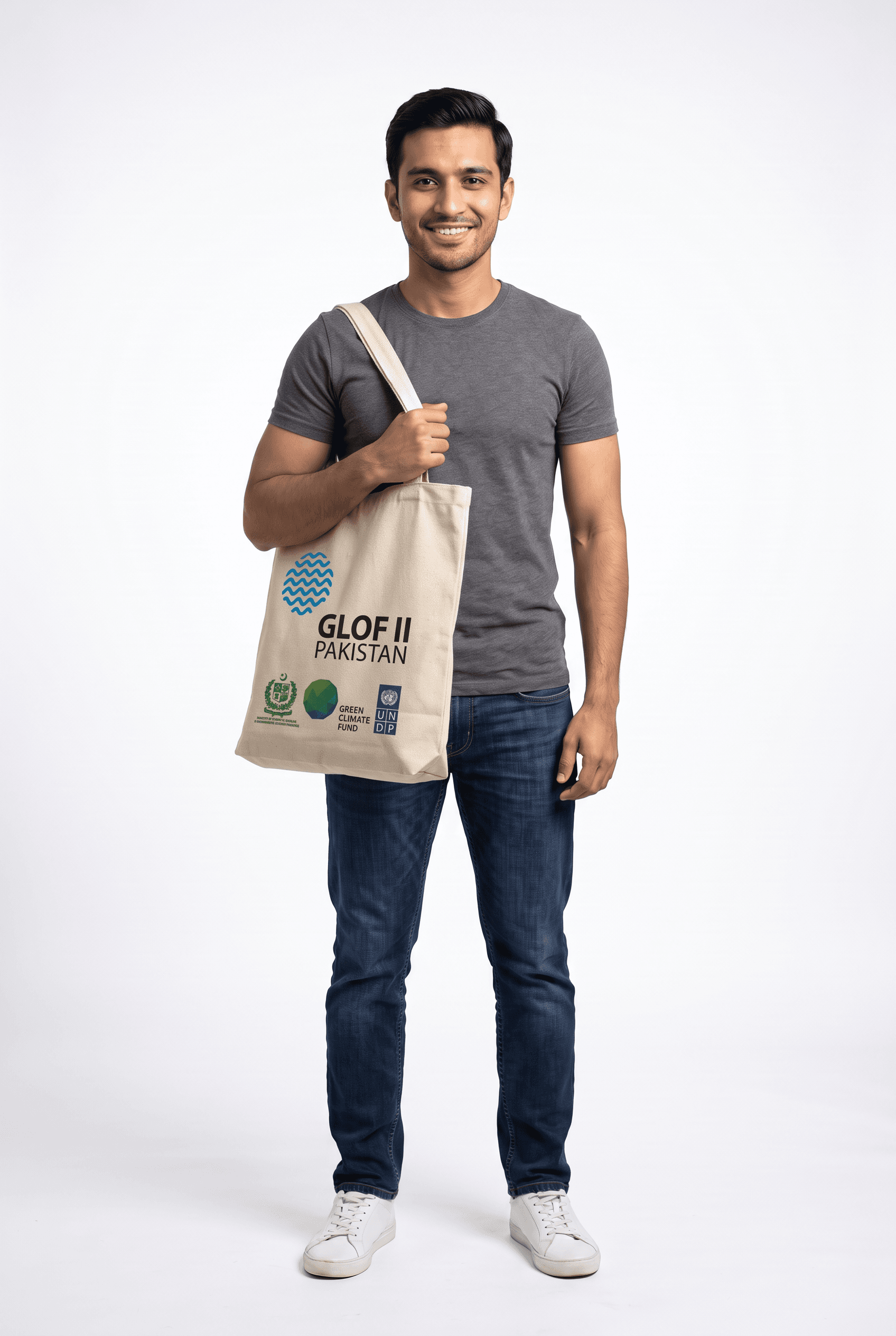 Branded canvas tote bag carried by a model