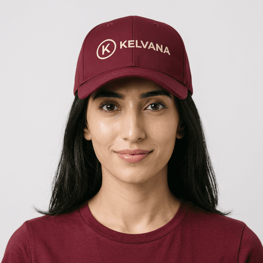 Female model wearing custom cap, studio shot