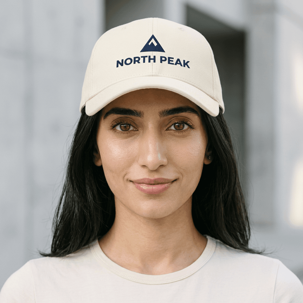 Model wearing a custom embroidered cap