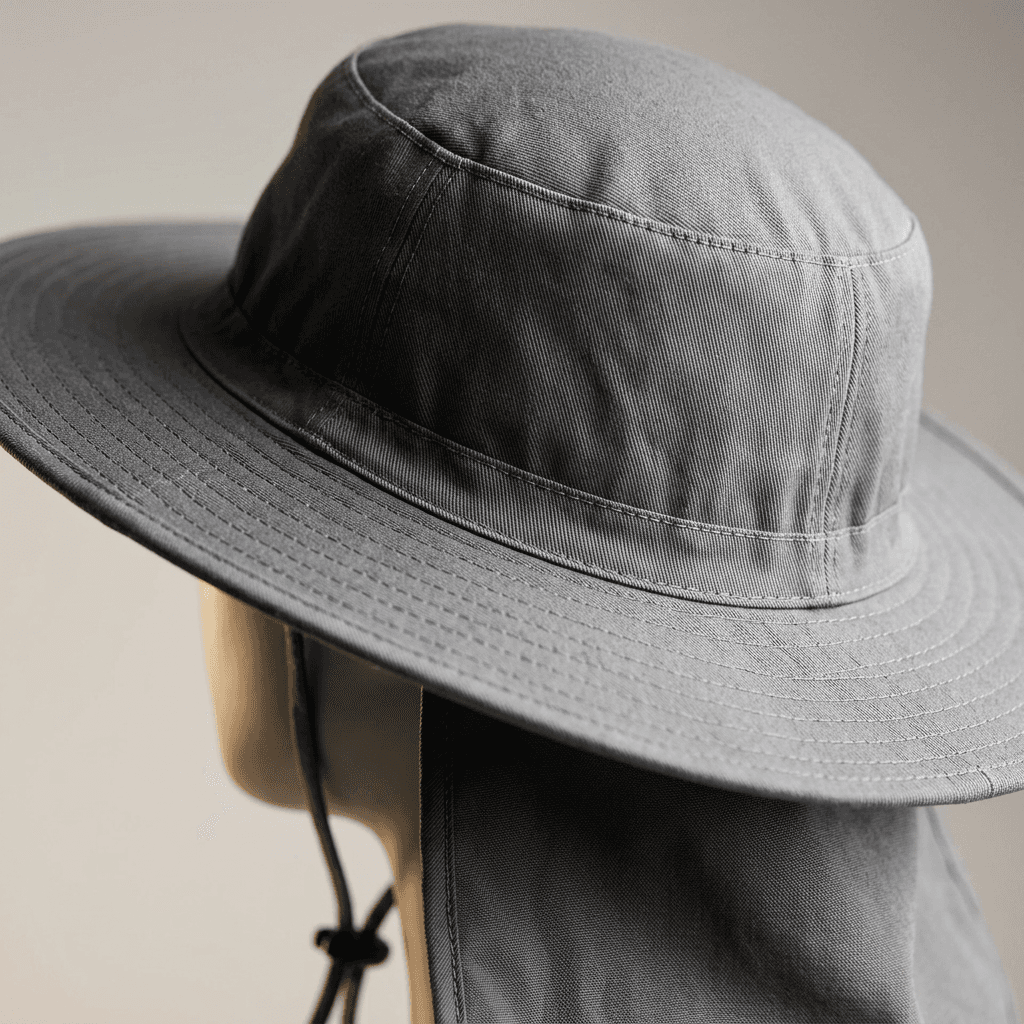 Close-up of sun hat fabric weave and brim stitching