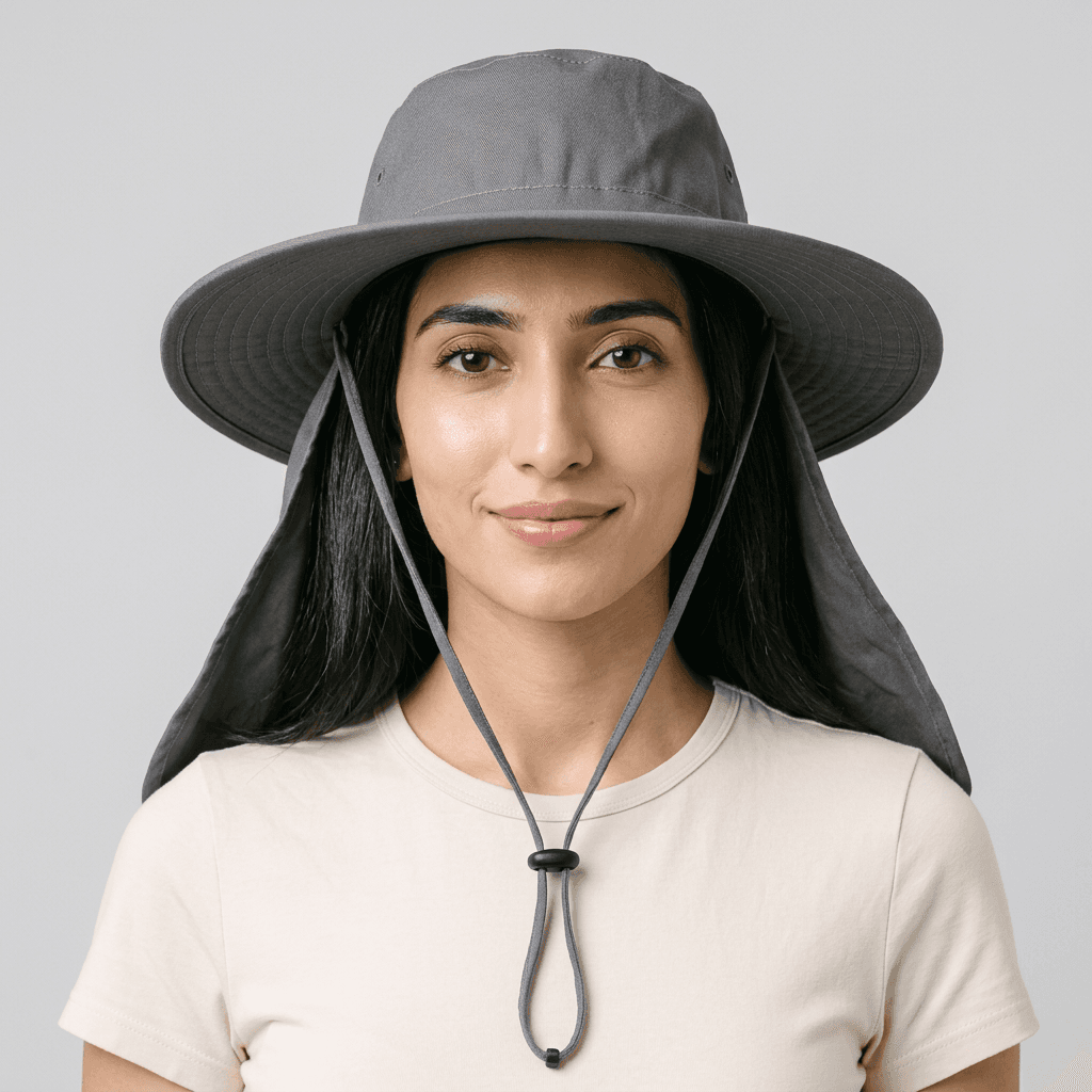 Female model wearing safari hat, studio shot