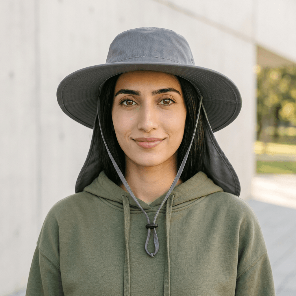 Grey wide-brim field hat with neck flap