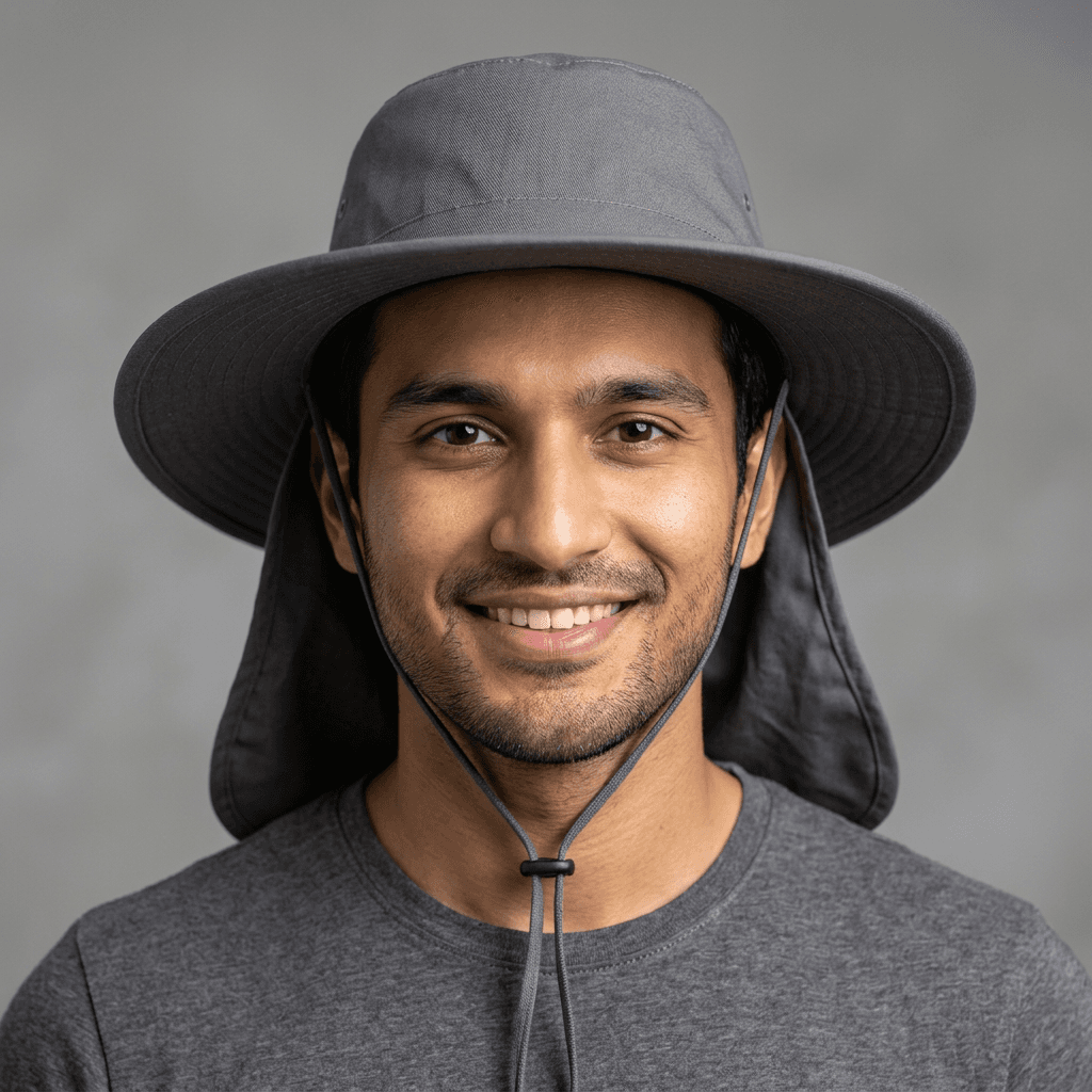 Male model wearing safari hat, studio shot