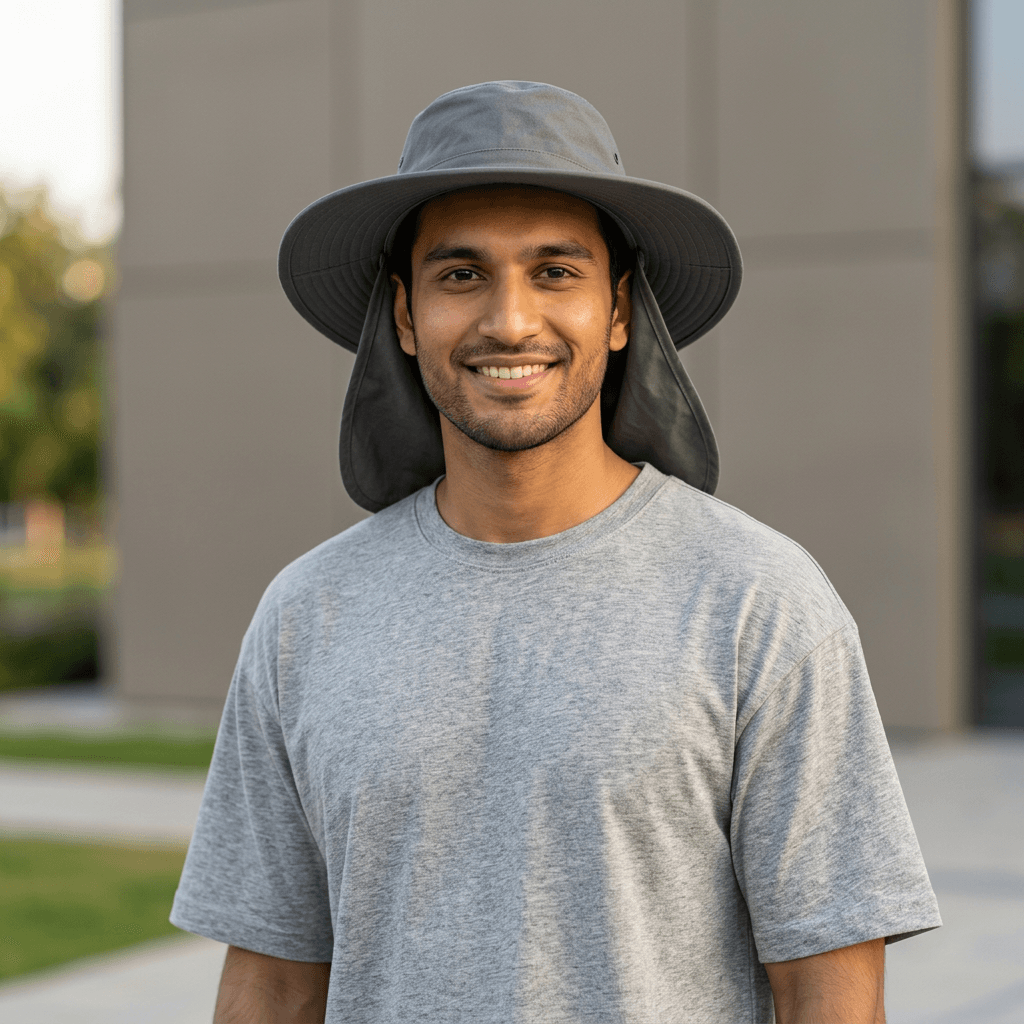 Male model wearing safari hat, street style