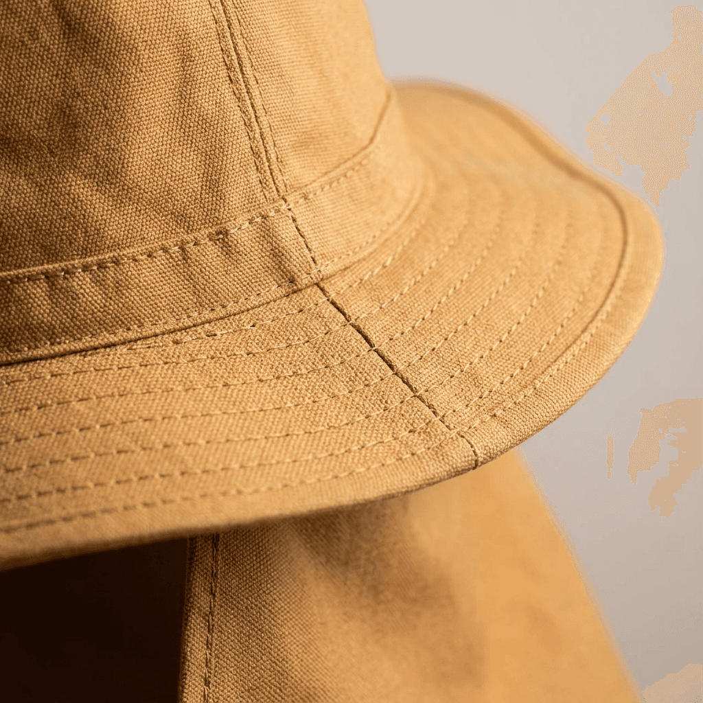 Detail of tan safari hat stitching and fabric