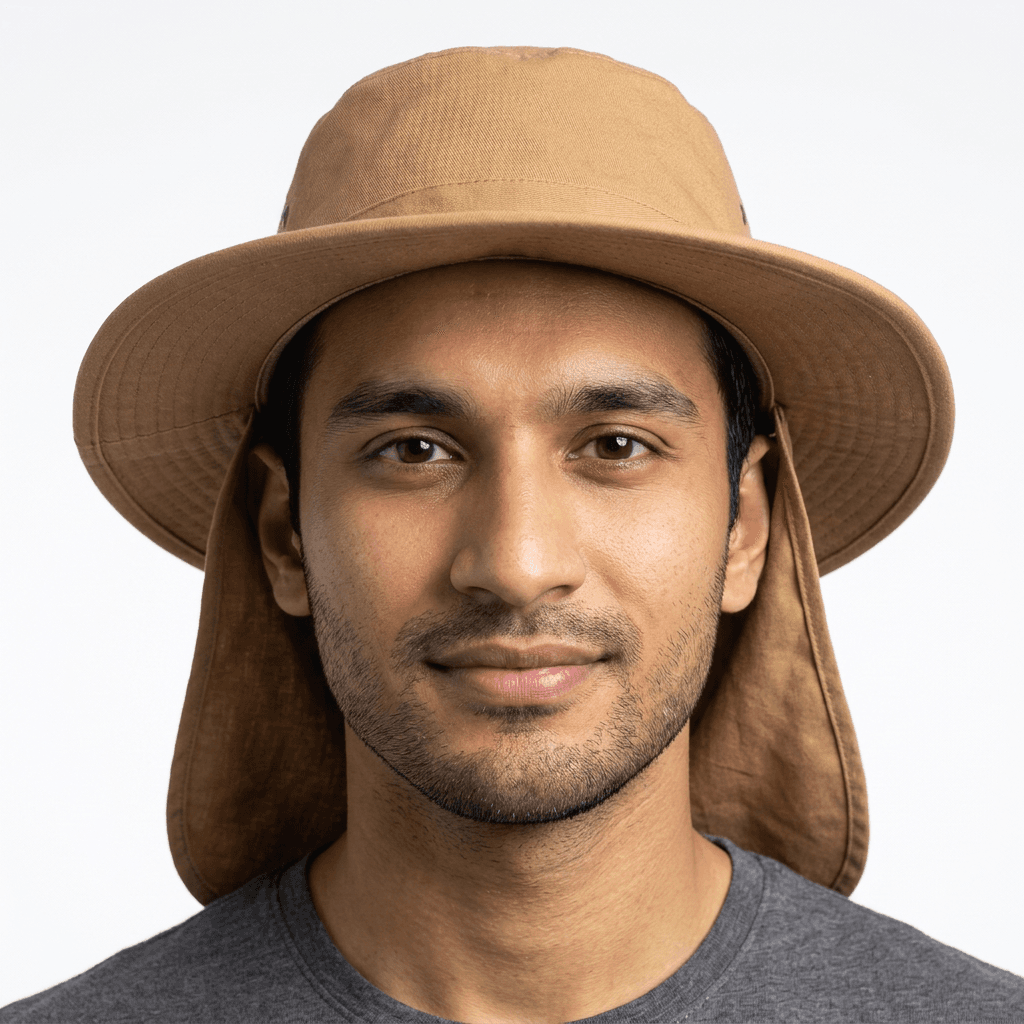 Wide-brim sun hat with neck flap, manufactured in Karachi