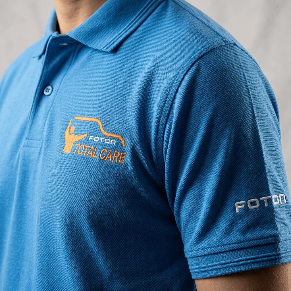 Close-up of t-shirt fabric and printed branding