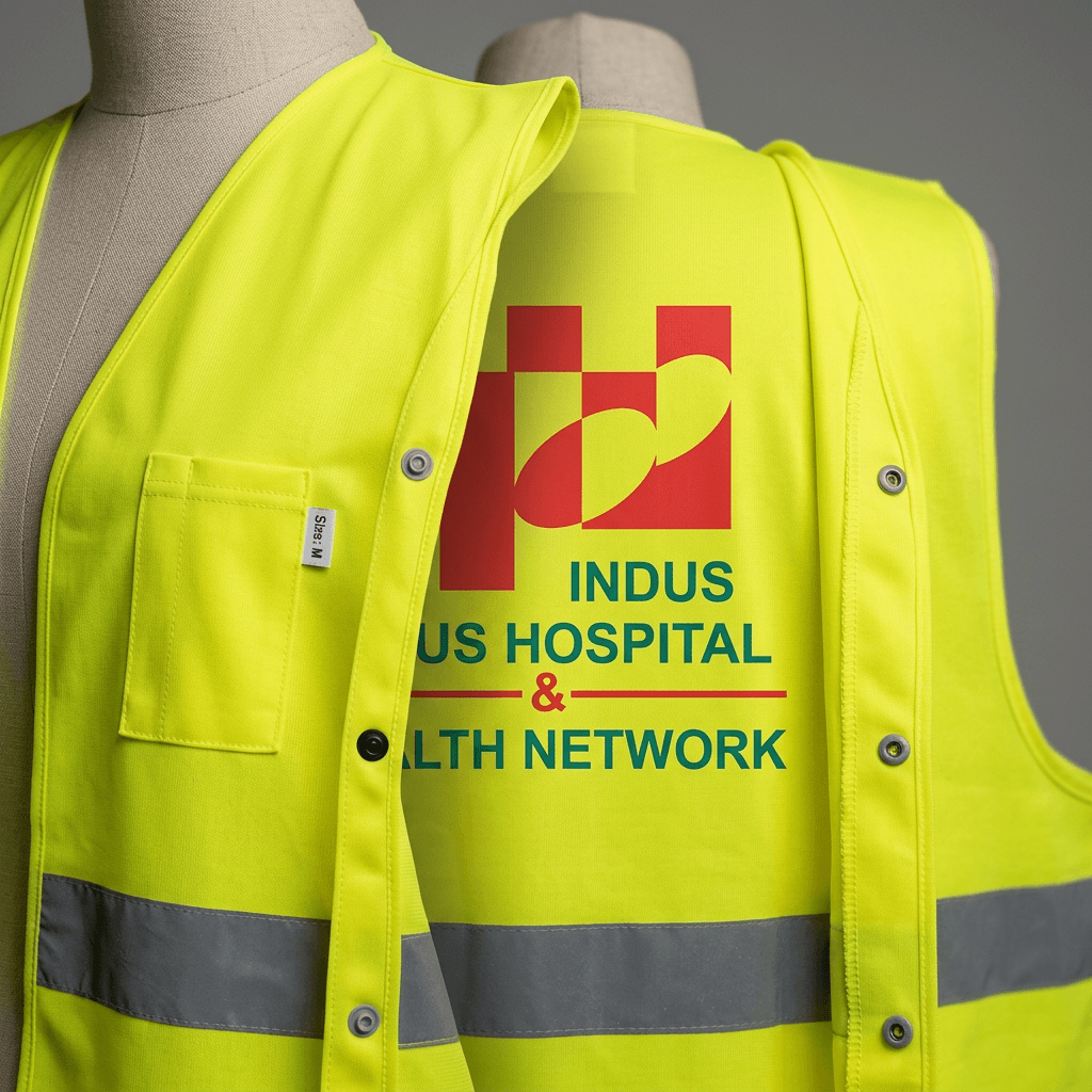 Close-up of safety vest reflective tape and stitching