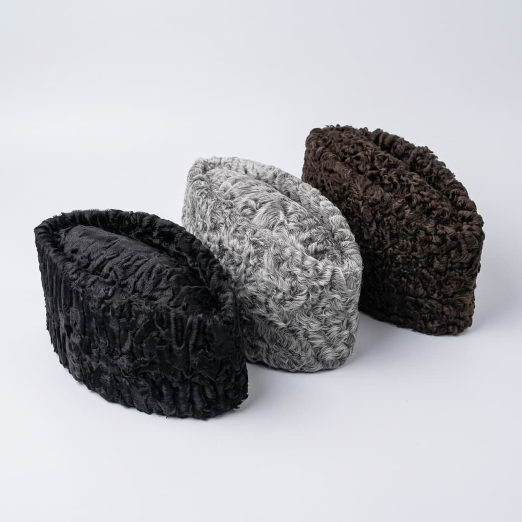 Karakul Jinnah caps in black, grey and brown curled wool