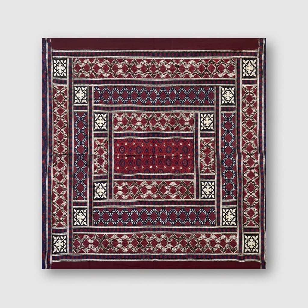 Full traditional Sindhi Ajrak shawl in red and indigo block print