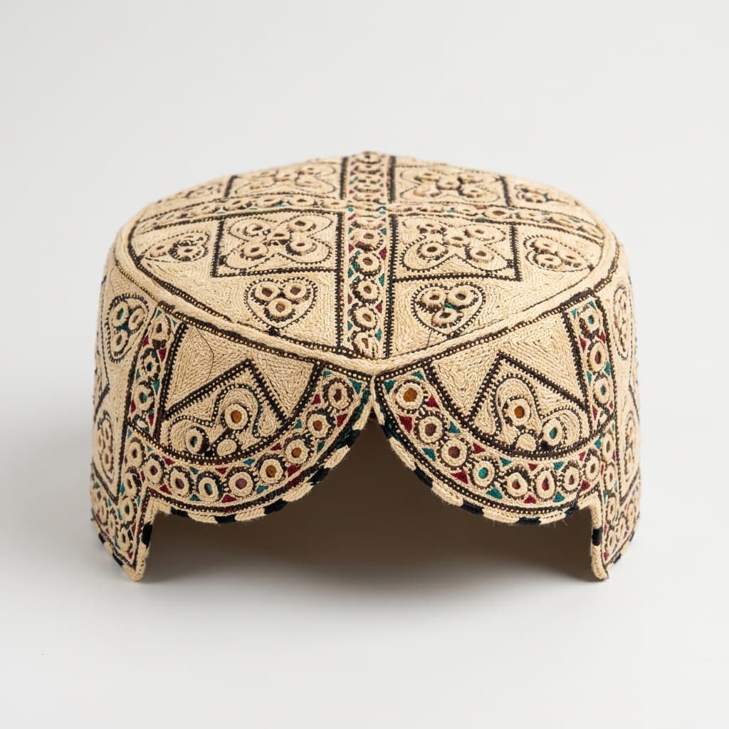 Cream Sindhi topi with black and brown geometric embroidery