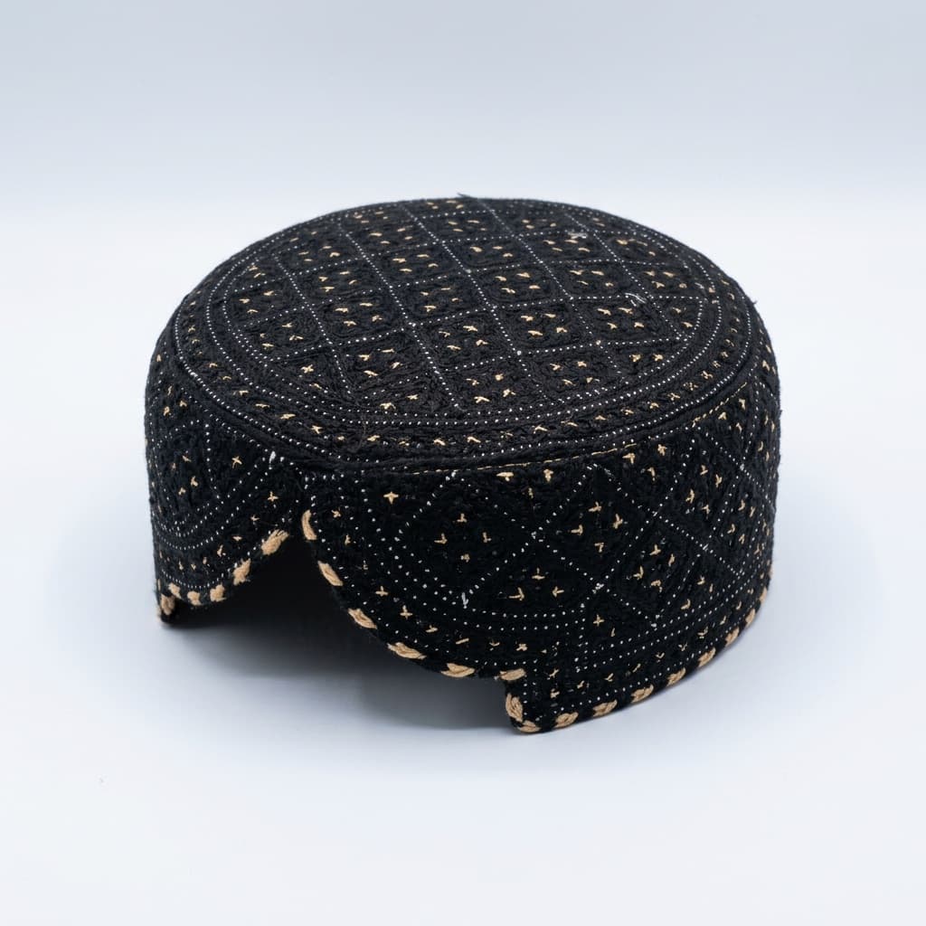 Black Sindhi topi with fine bead and mirror work