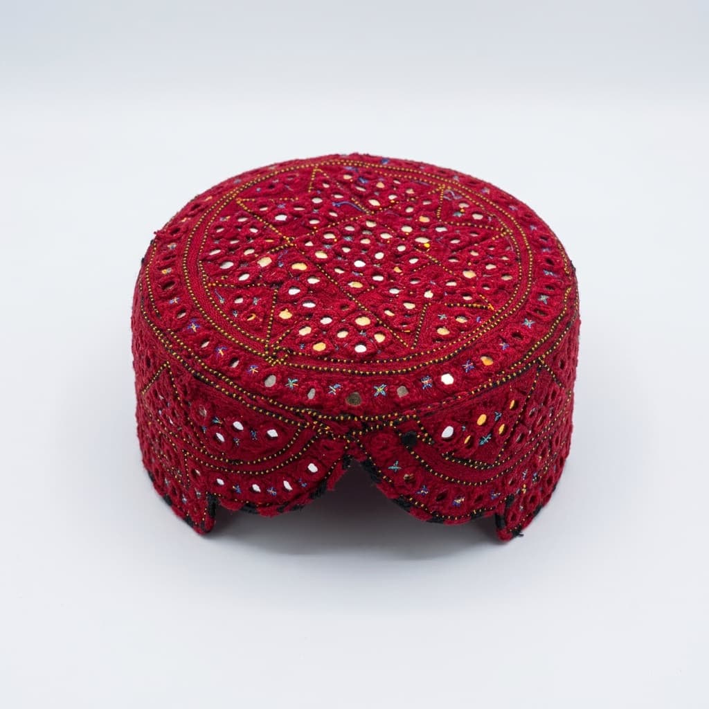 Deep red Sindhi topi with dense mirror work and multicolour embroidery