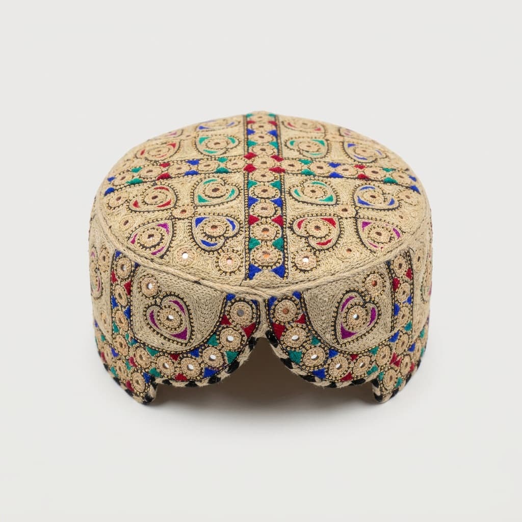 Cream Sindhi topi with blue, red and green embroidery and mirror work