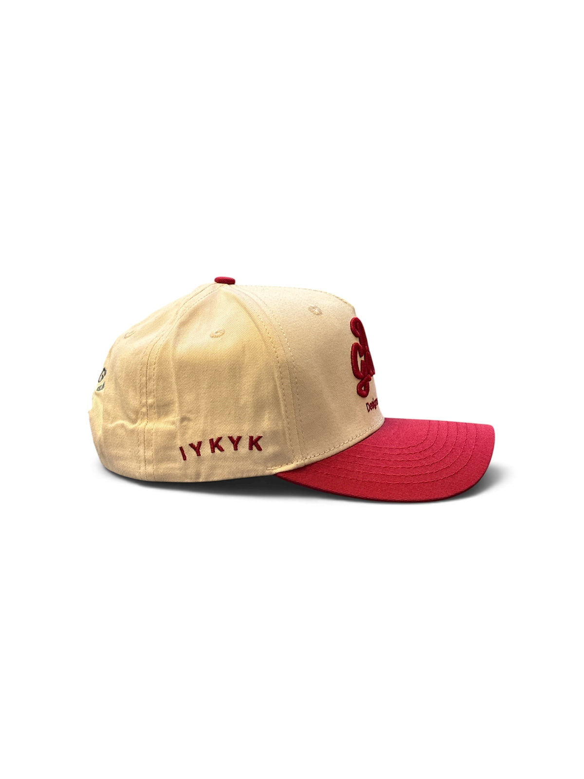 Cream & Crimson Script Cap - side/back view