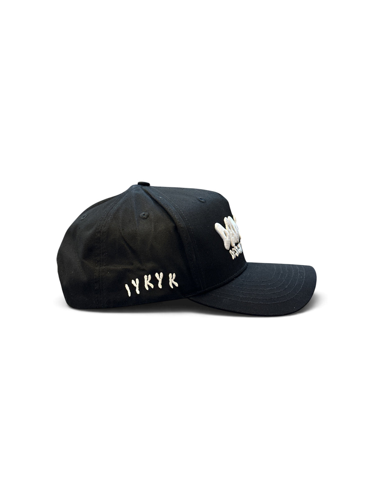 Black Bubble-Letter Cap - side/back view