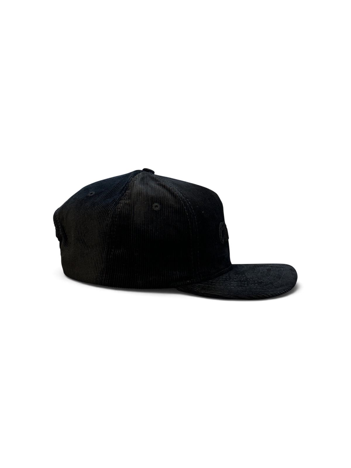 Black Corduroy Script Cap - side/back view